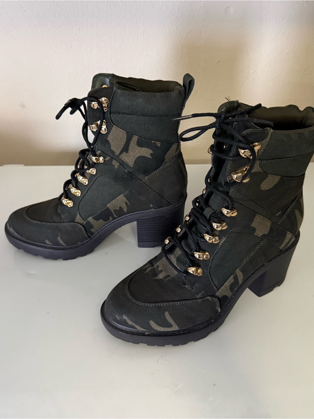 Shoe Dazzle Black Camo Lace-Up Block Heel Combat Boots